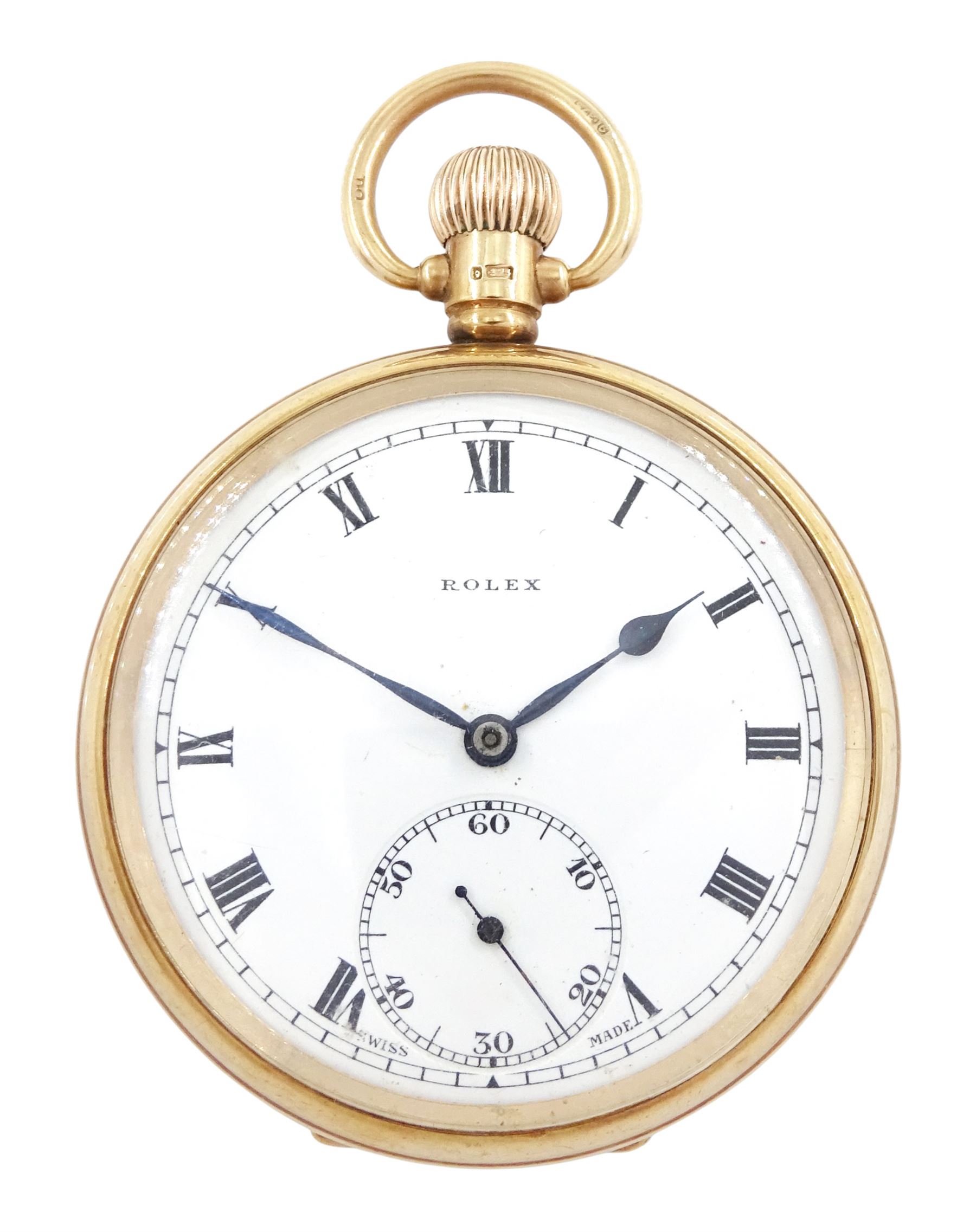 Early 20th century 9ct gold open face keyless lever pocket watch by Rolex, white enamel dial with Roman numeral hour markers and subsidiary seconds dial, case by Dennison, Birmingham 1925