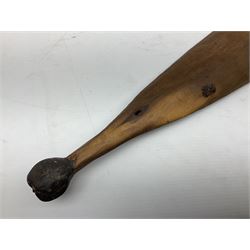 Australian Aboriginal shield, carved with Kangaroo and Emu, 74.5cm; Spear painted with aquatic creatures 78cm, and Spear thrower 81cm (3)