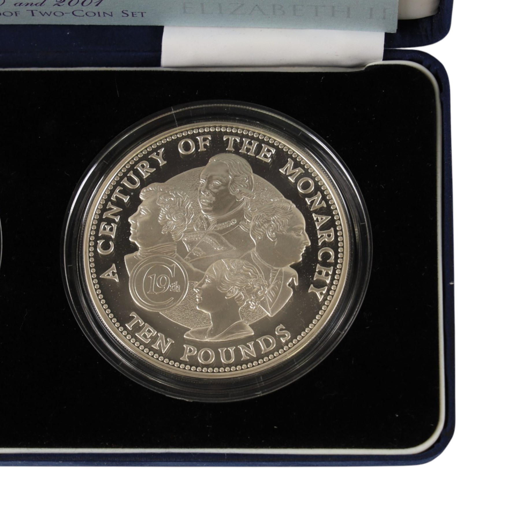The Royal Mint Guernsey 2000 and 2001 'Centuries of the Monarchy' silver proof set, comprising two five ounce ten pound coins, cased with certificate