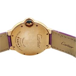 Cartier Ballon Bleu ladies 18ct rose gold automatic wristwatch, Ref. 3003, serial No. 100558SX, silvered guilloche enamel dial with Roman numerals and secret signature at 7, on original purple leather strap with 18ct gold Cartier buckle