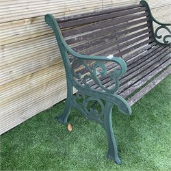 Cast iron and wood slated garden bench painted in green and brown  - THIS LOT IS TO BE COLLECTED BY APPOINTMENT FROM DUGGLEBY STORAGE, GREAT HILL, EASTFIELD, SCARBOROUGH, YO11 3TX
