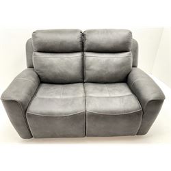 Pair of two seat electric reclining sofas, upholstered in a faux suede