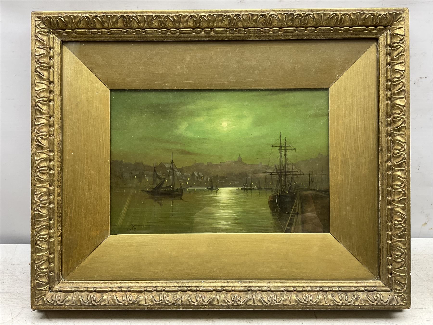 Circle of Louis Hubbard Grimshaw (British 1870-1944): Harbour by Moonlight, oil on panel signed with initials LG 19cm x 30cm 