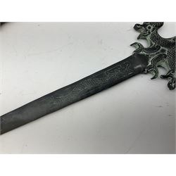 Patinated 'bronze' fantasy dagger, the 26cm blade, hilt and scabbard cast with dragons L50cm overall; hand forged iron spearhead L29.5cm; and a stiletto blade (3)