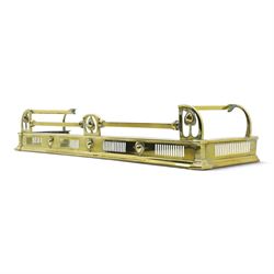 Two Edwardian brass fire curbs, comprising a decorative example with pierced vertical frieze, applied Tulips (H 21cm, W 126cm, D 32cm), together with a hammered moulded example with acanthus corners (H 12cm, W 138cm, D 37cm)