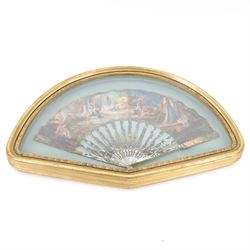 18th century fan, the mother-of-pearl sticks and guard carved, pierced, silvered and gilded, the paper leaf painted with mythological figures within gilt borders, framed and glazed, overall H35cm L55cm

Provenance: From the Estate of the late Dowager Lady St Oswald