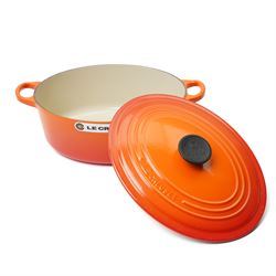 Le Creuset oval casserole dish and cover,  and another shallow example, in the Volcanic colourway