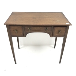 19th century inlaid and crossbanded oak lowboy side table, two short and one long drawer, square tapering supports, W80cm, H75cm, D44cm