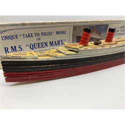 Chad Valley 'Take to Pieces' model of R.M.S. Queen Mary; made up of thirteen removable decks revealing the interior, held together by nuts/bolts to the top deck; boxed with original key chart sheet