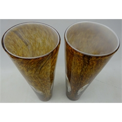  Pair art glass vases with mottled brown body with four clear glass oval panels, H36cm (2)  
