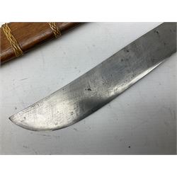 Malaysian parang survival knife the 29cm steel blade with character marks, cane bound teak grip carved with a stylised turtle head to the pommel, with matching teak scabbard L46cm overall