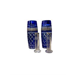 Pair of blue cut glass vases, together with a pair of silver mounted cut glass vases, hallmarked, blue vases H22cm