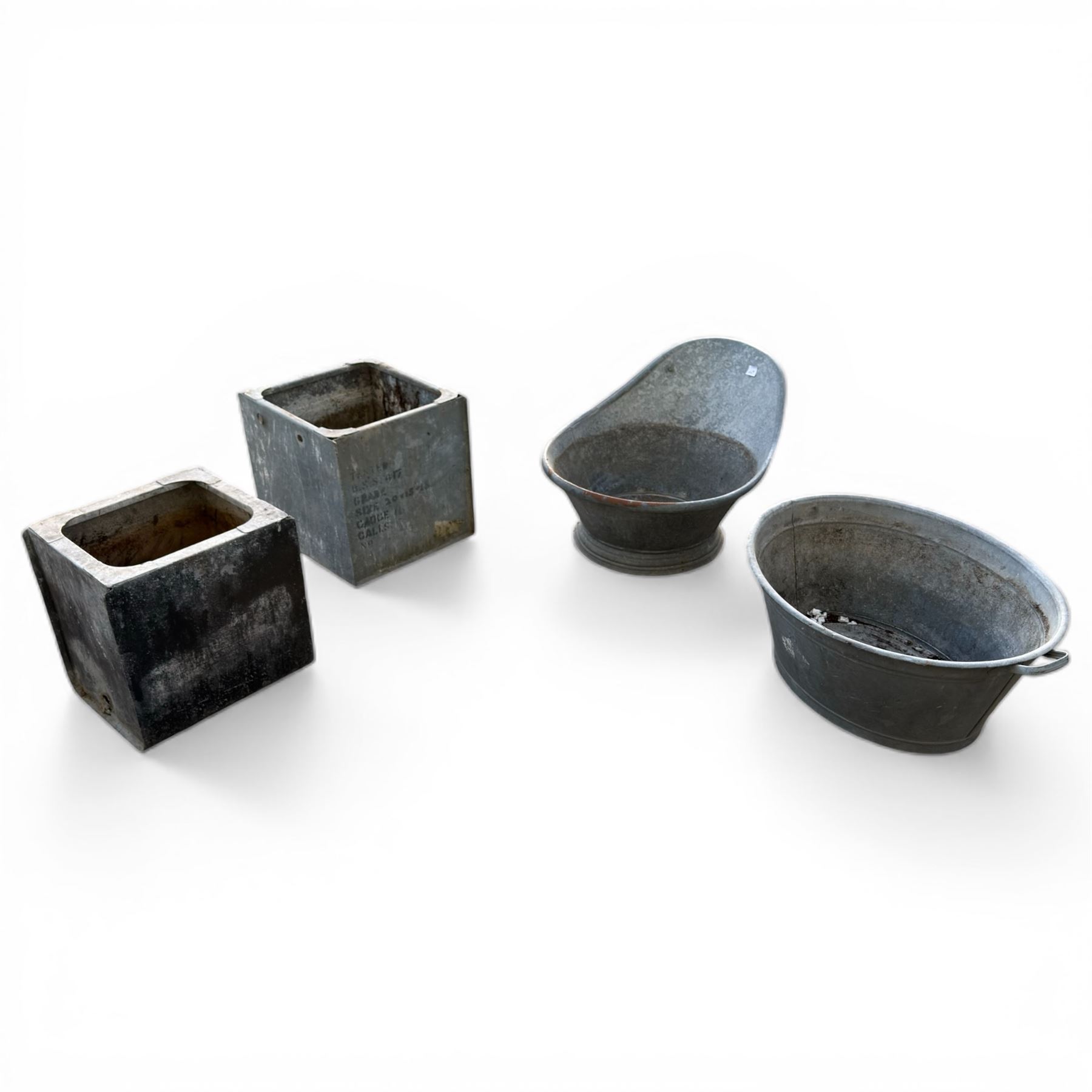 Four galvanised metal buckets/planters