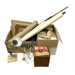 Collection of architects and draftsman's tools and equipment to include sliding rules, pencils, drawing paper, anglepoise style lamp etc, in three boxes   