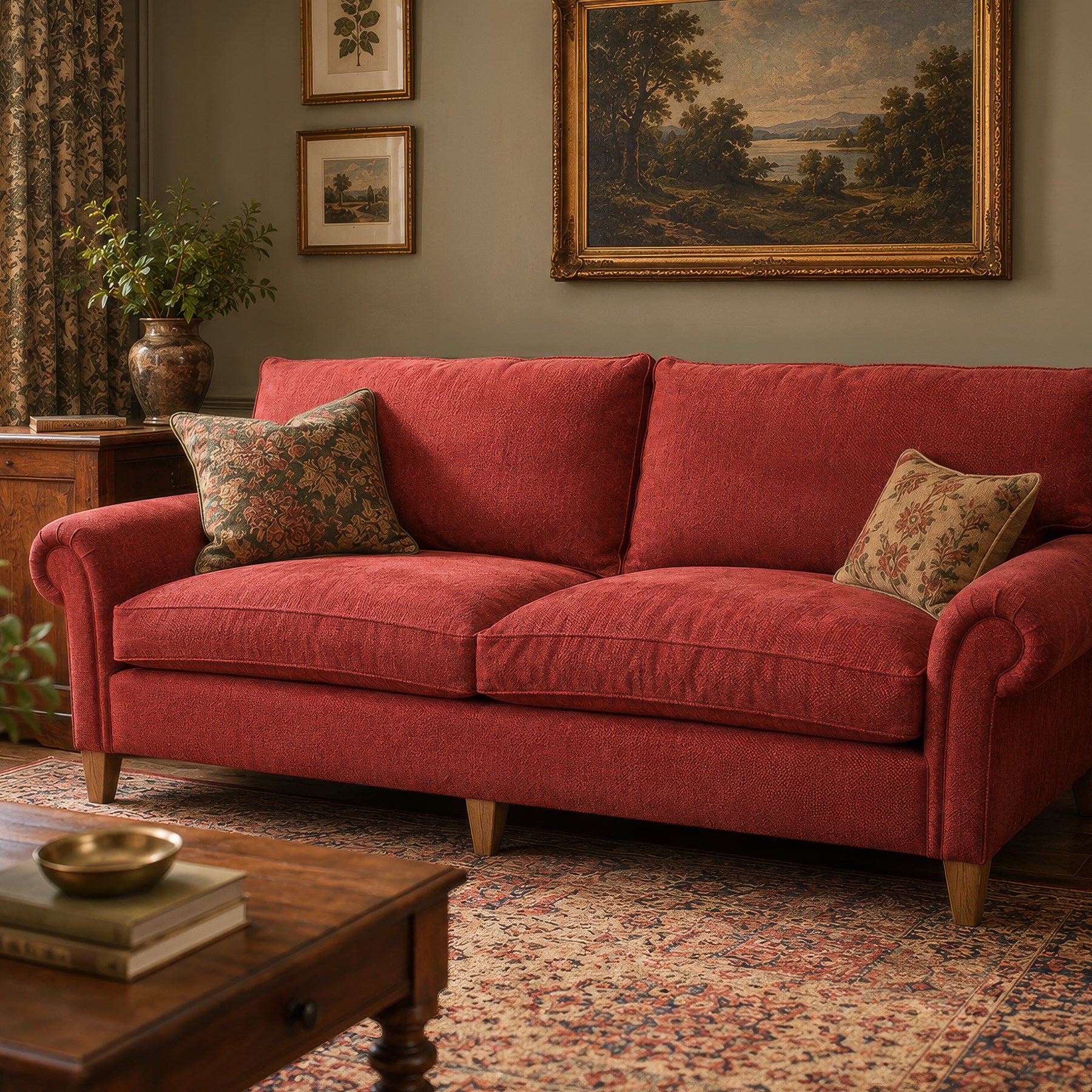 Quality three seat sofa upholstered in red fabric, with gently rounded scroll arms, loose seat and back cushions, raised on tapered wooden legs
