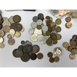 Great British and World coins including Chinese cash coins, Great British George III 1806 penny, various Queen Victoria and later farthings, Queen Elizabeth II old round one pounds, 'Millennium Moment' five pound coin cover etc, in one box