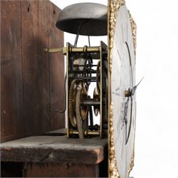 Neddy Wells of Shepley-18th century oak cased 30 hour longcase clock c 1760, with a swan necked pediment and two gesso ball and spire finials, square trunk door flanked by plain turned pilasters with gesso capitals, trunk with recessed quarter columns and a long trunk door, square plinth raised on bracket feet, with a brass dial, cast spandrels, silvered and engraved dial centre with makers name and calendar dial, chapter with Roman numerals, five minute Arabic's and matching steel hands, rope driven countwheel movement striking the hours on a bell. With weight and pendulum. 
Neddy Wells is recorded as working at Shepley near Huddersfield c1720-80.