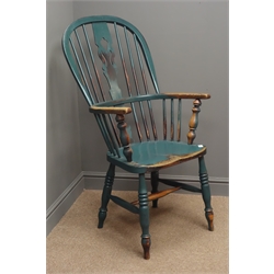  19th century elm and ash Windsor armchair, rustic paint finish, double hoop, stick and splat back  
