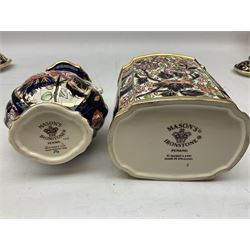 Group of Mason's Ironstone 'Penang' pattern ceramics, comprising lidded tea caddy, bowl of octagonal form, twin handled lidded vase, lidded oval box, etc, tallest H22cm, with four boxes
