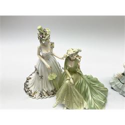 A limited edition Coalport figure group, Day at the Races, designed by Basia Zarzycka, no 461/750, together with three other Coalport figures, The Ascot Lady 1985, Golden Age Georgina, and Golden Age Beatrice at the Garden Party. 