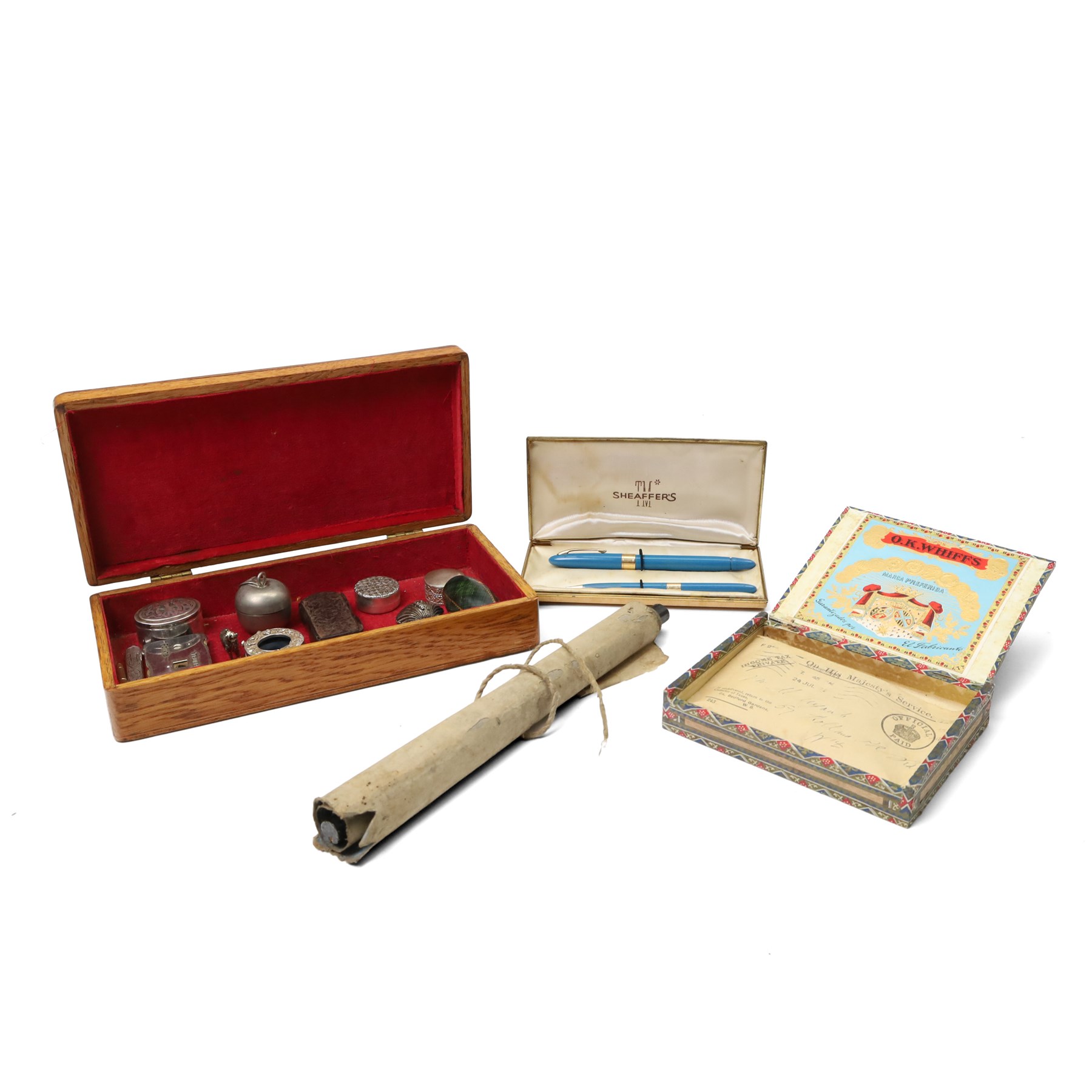 Collection of silver, including early 20th-century pencil holder, snuff box and thimble, a gold plated propelling pencil, TM Sheaffer's 14k gold nib fountain pen, Japanese hanging paper scroll illustrating s pilgrimage, and cigar box containing two WW1 cigarettes in an envelope, and a message 'this cigs were handed to us in Bond St Dec 20th 1914 on our way back from a route march to Hampstead Heath', etc 