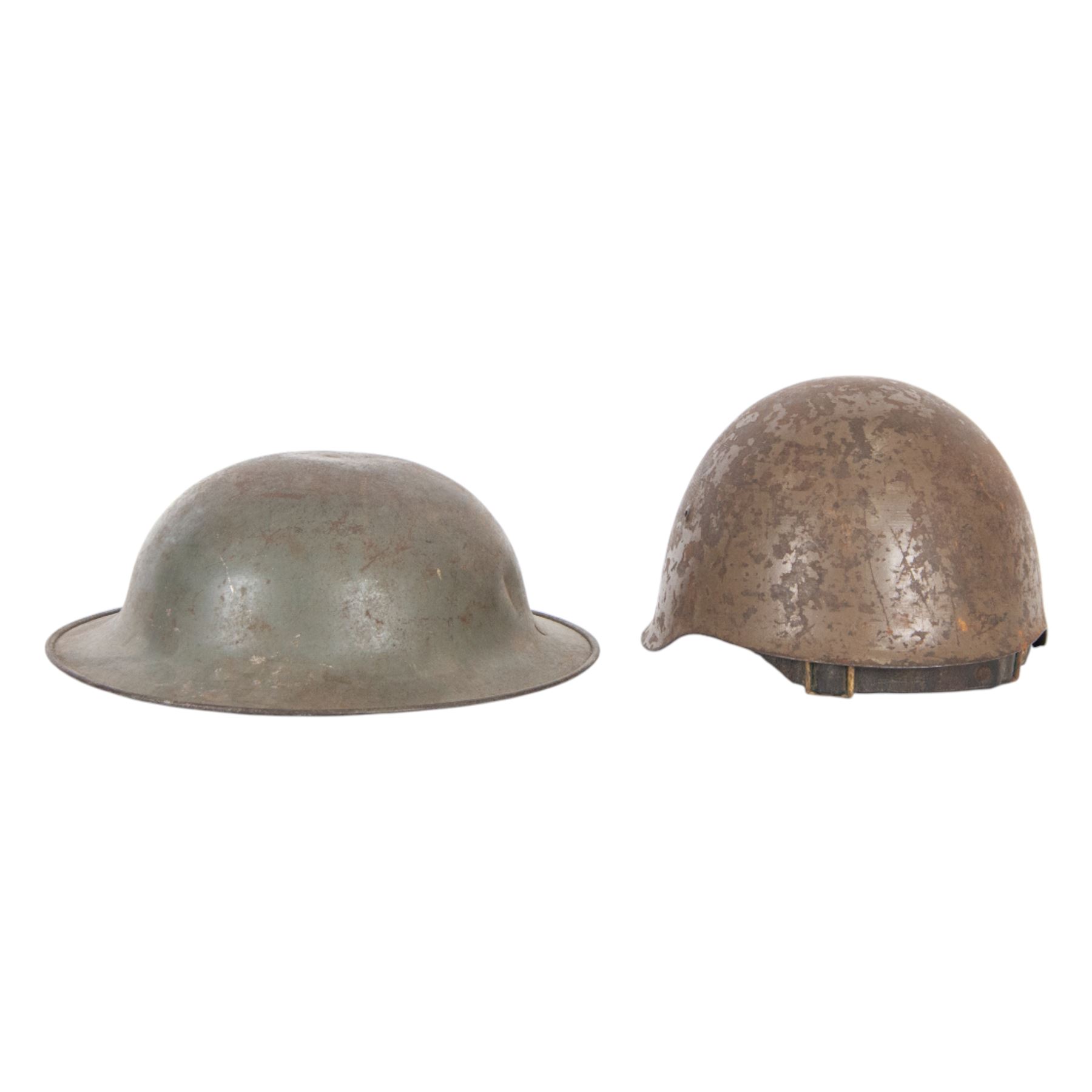 WWII Indian Army steel helmet, with chinstrap, together with Portuguese M30 steel helmet with liner and leather chin strap 