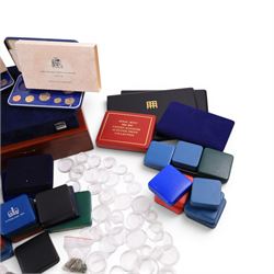 Large quantity of empty Royal Mint and Westminster coin cases, two part-filled First National Coinage of Barbados proof sets, pre-decimal coins, commemorative crowns, small group of ancient coins, Pobjoy Mint velvet bags, Hattons of London gloves, coin capsules, etc