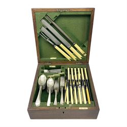 Walker and Hall silver plated canteen of cutlery, oak case, the hinged lid with a engraved brass shield , H12cm, L32cm