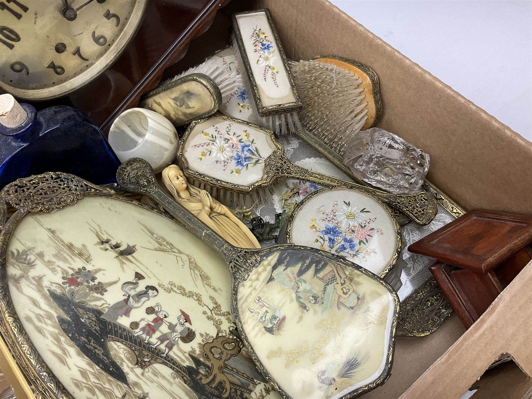 Stuart Crystal Hardwicke pattern glasses, silver mounted glass tray stamped Birmingham 1909, silver collared bottle, pukeberg of Sweden owl paperweight, decanter, mantel clock, dressing table brush set etc in three boxes