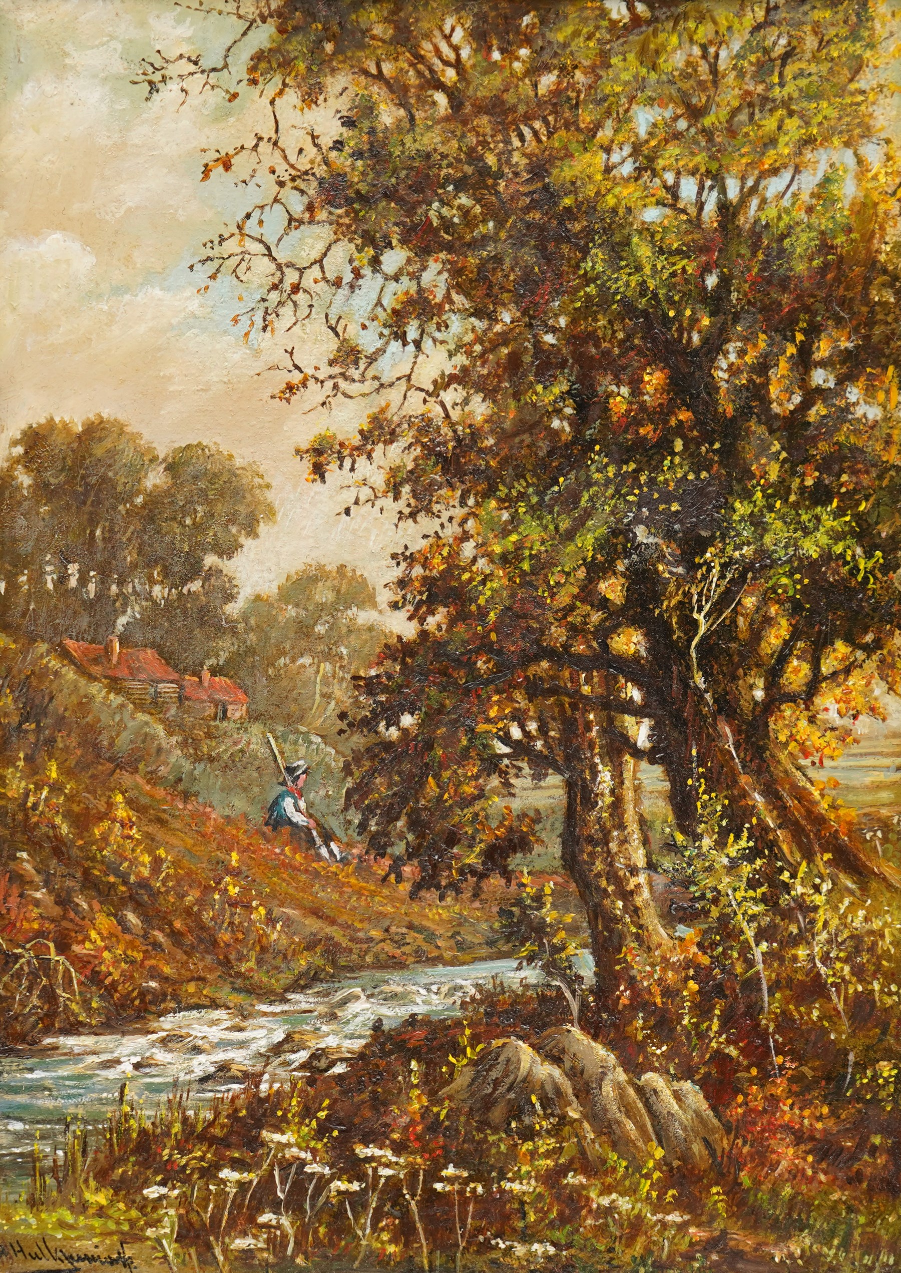 Abraham Hulk Jr. (British 1851-1922): Man Pondering a Stream, oil on canvas signed 34cm x 24cm