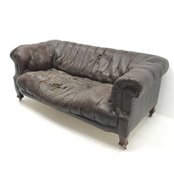 Early 20th century three seat sofa upholstered in buttoned brown leather, square tapering feet, W200cm
