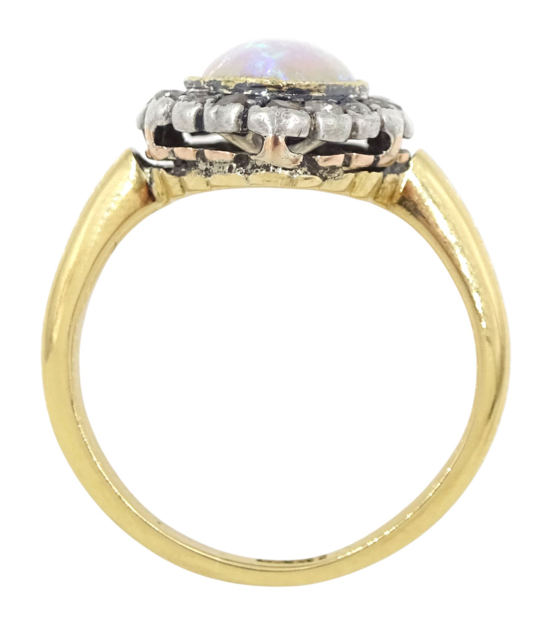 19th / early 20th century silver and gold, marquise cut opal and rose cut diamond cluster ring, stamped 18ct