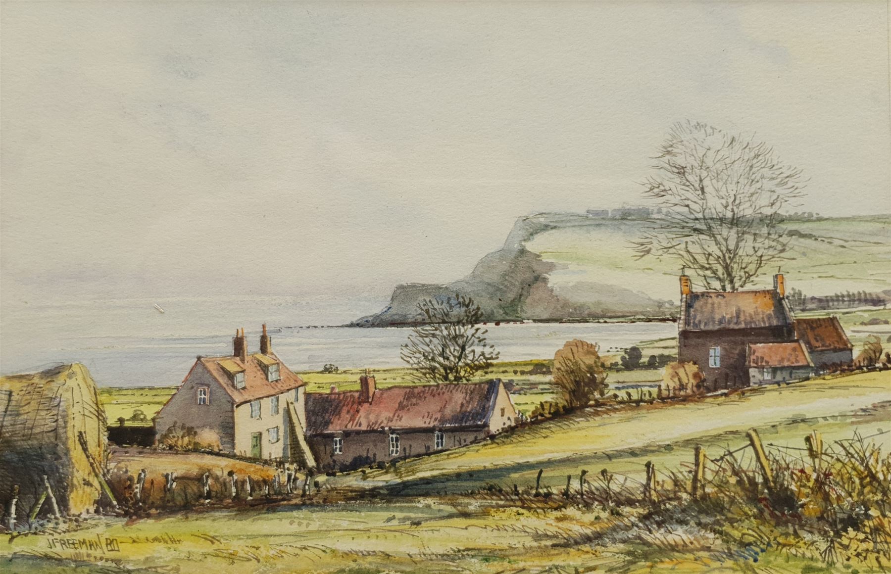 John Freeman (British 1942-): Ravenscar from Raw near Whitby, watercolour and ink signed and dated '80, 12cm x 18cm