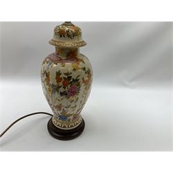 Table lamp of baluster form, decorated in the Oriental style with phoenix and dragon amidst blossoming flowers, with plated cream fabric shade, lamp base not including fixtures H35cm