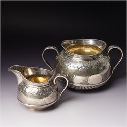 Edwardian silver four piece tea and coffee set with leaf capped handles and foliate banding Sheffield 1902-1905 Maker Richard Richardson