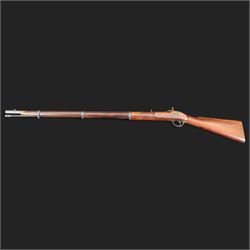 Enfield .577 action rifle, the 91.5cm rifled barrel with three barrel bands and ramrod under, full walnut stock, action marked 'Enfield' with Victoria cypher, overall L131cm