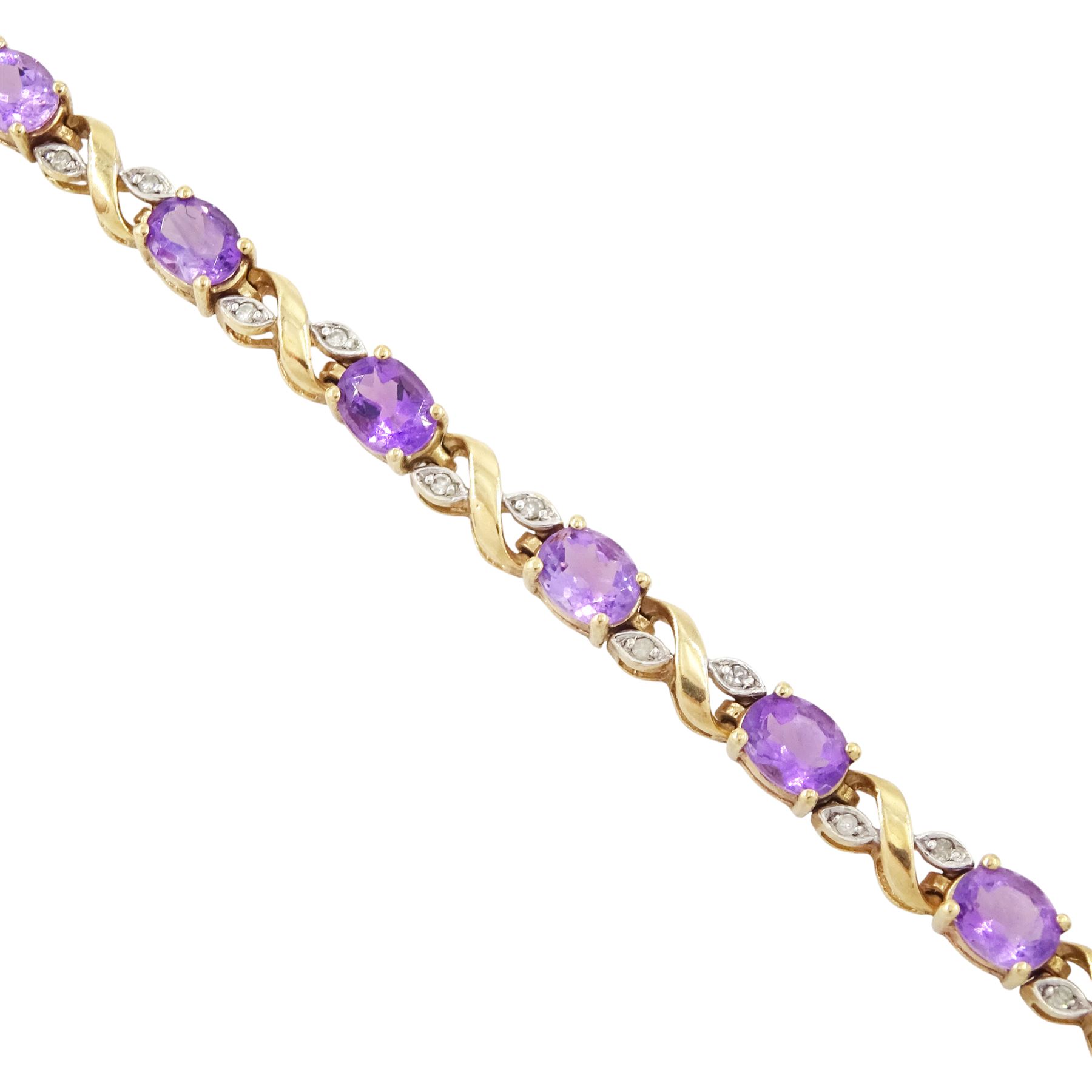 9ct gold amethyst and diamond bracelet, fifteen oval cut amethysts each spaced by two diamond chips in a crossover marquise setting, hallmarked