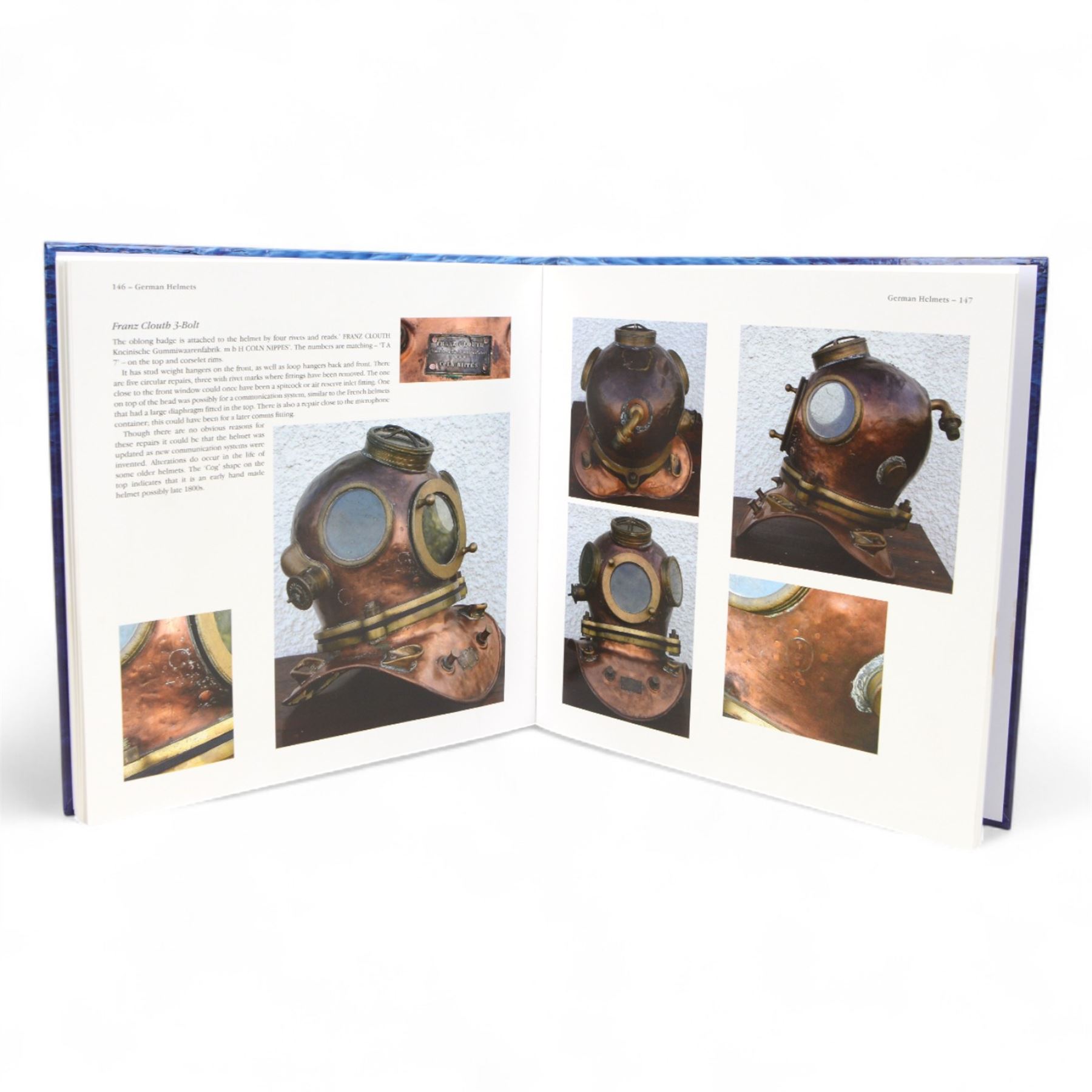 19th century Franz Clouth three bolt copper and brass diving helmet, inscribed 'Franz Clouth Kncinische Gummiwaarenfabrik m b H COLN NIPPES', matching numbers T A 7 on top and corselet rims, with handmade wooden stand, together with a reference book 'Diving Helmets' by Anthony Pardoe, which features the helmet on pages 146 and 147, helmet W42cm, H40cm, H50cm
