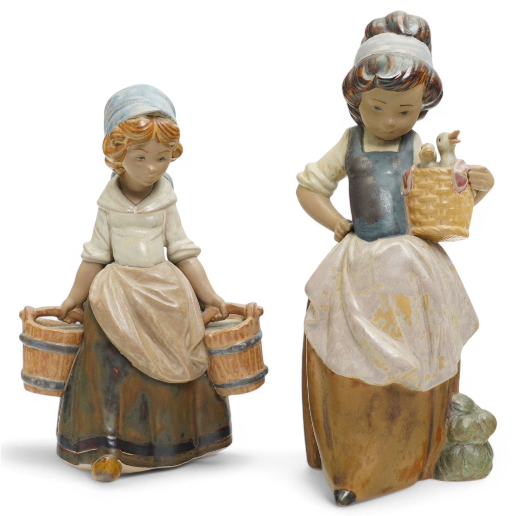 Two Lladro Gres figures, comprising Girl with Two Pails and Girl with Ducks, largest H25cm 