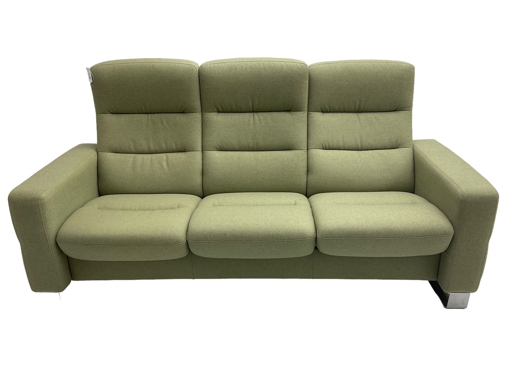 Ekornes Stressless - three seat reclining sofa upholstered in pale green fabric (198cm x 82cm x 100cm), Ekornes Stressless - matching two seat reclining sofa (144cm x 82cm x 100cm), Ekornes Stressless - storage ottoman with hinged seat upholstered in pale green fabric (60cm x 60cm x 42cm)