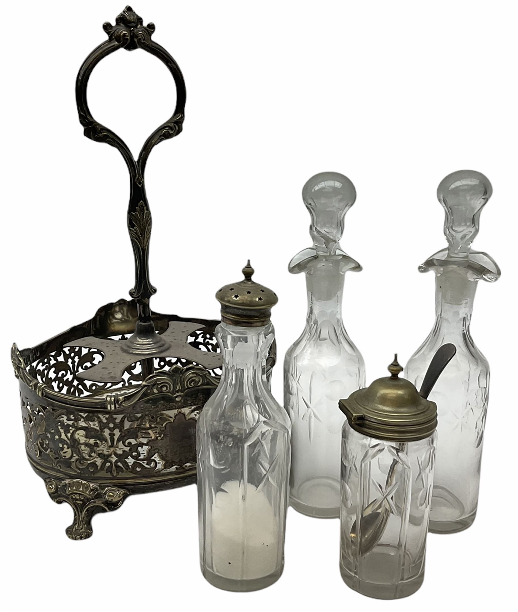 Two Georgian silver toddy ladles with baleen twist handles, (neither hallmarked), one with inset coin to bowl, together with a group of silver plate including cruet stand enclosing two glass bottles with stoppers, shaker and preserve pot with spoon, pair open salts with glass liners, etc. 