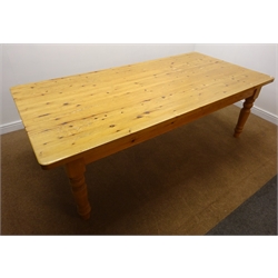  Large rectangular solid pine table, turned supports (W244cm, H79cm, D120cm) and set ten chairs (W43cm)  