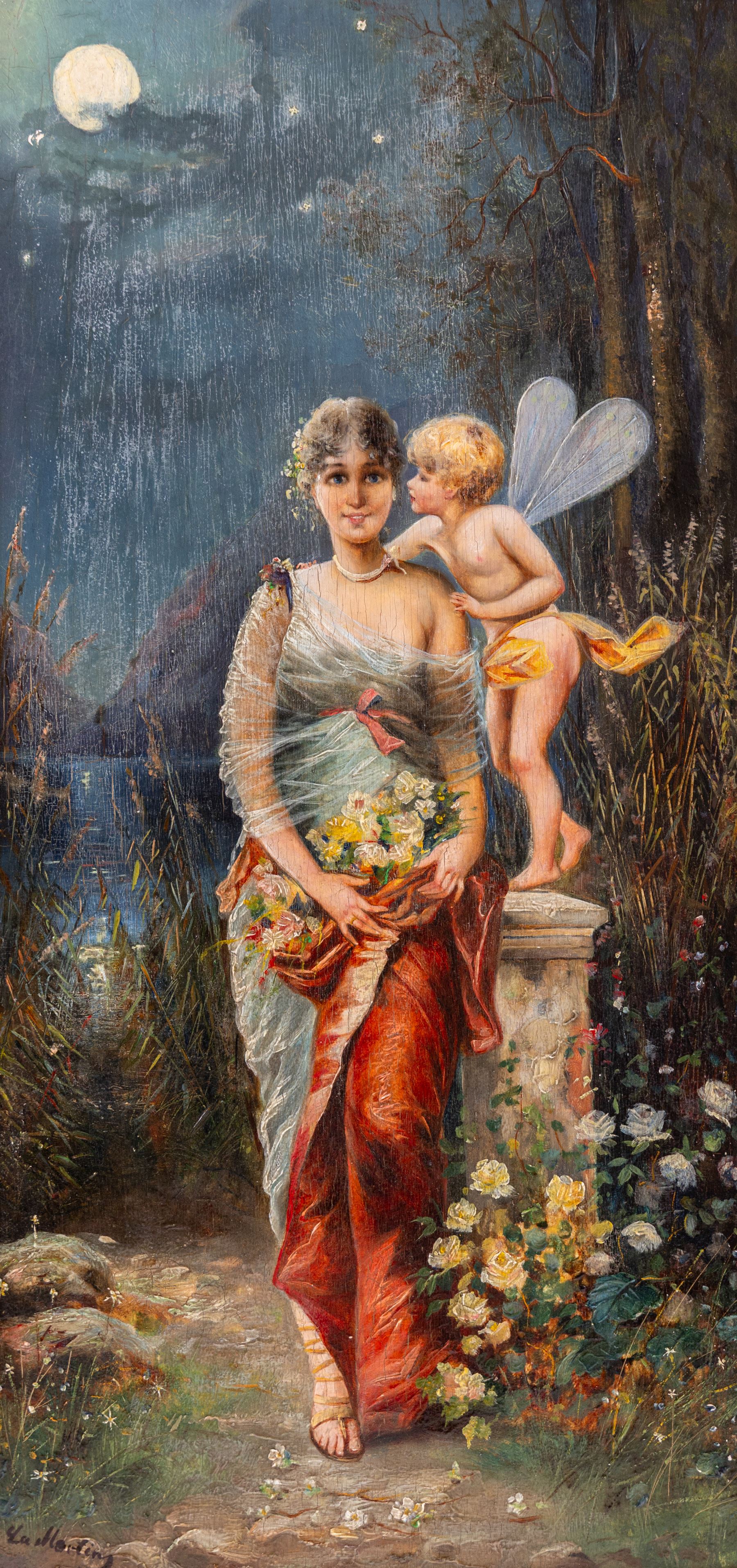Manner of Hans Zatzka (Austrian 1859-1945): Lady and Cherub in Moonlit Garden, oil on panel indistinctly inscribed, 49cm x 24cm 