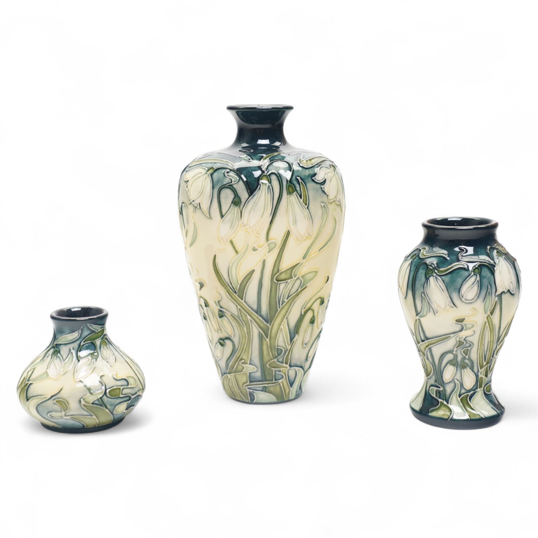 Three Moorcroft Nivalis pattern vases designed by Rachel Bishop