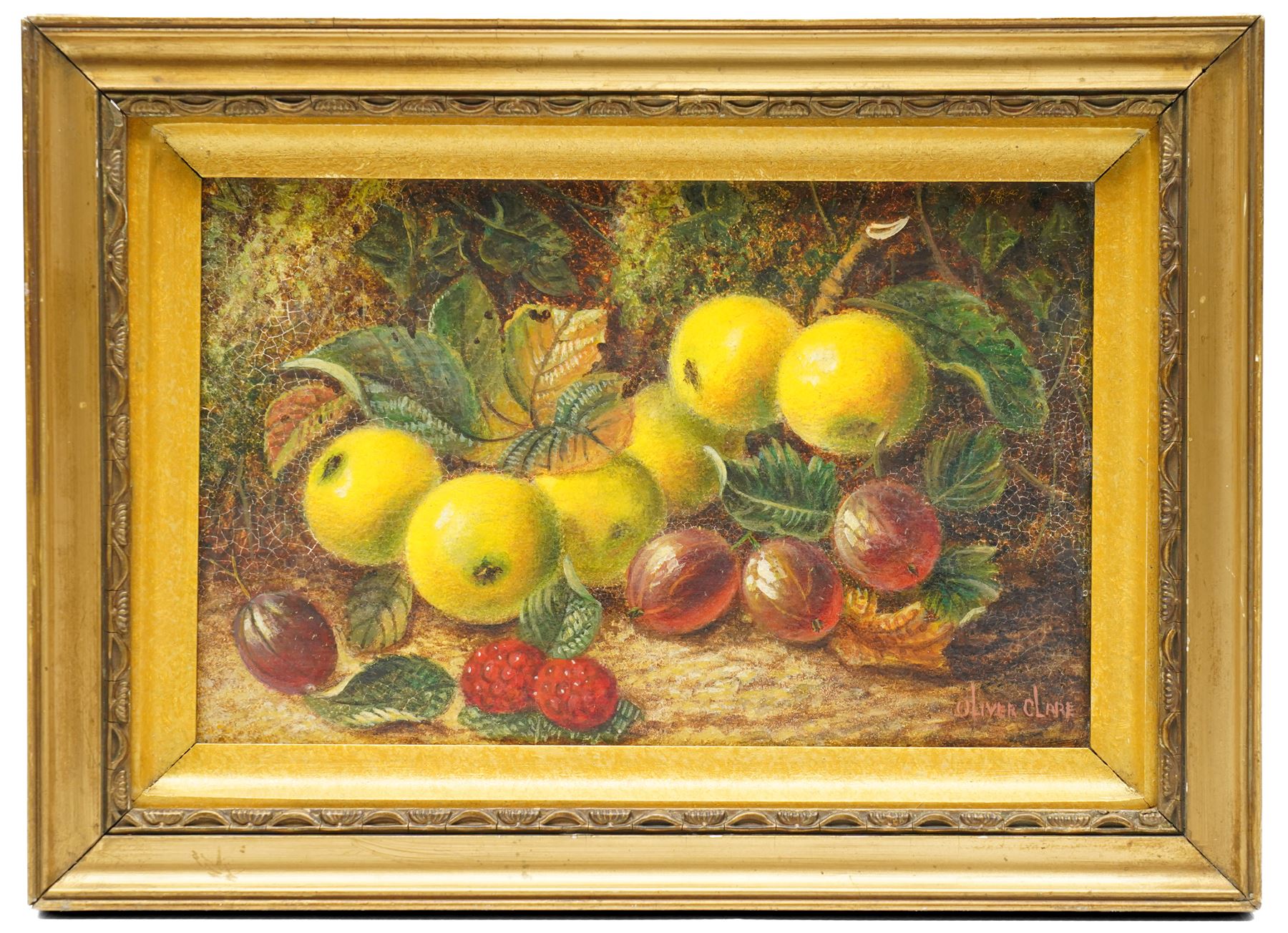 Oliver Clare (British 1853-1927): Still Life of Apples and Plums, oil on wood panel signed 14cm x 22cm