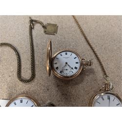 Four early 20th century gold-plated keyless pocket watches, three by Harris Stone Leeds, Waltham and Elgin and two gold-plated watch chains