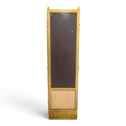 Early 20th century gilt and bevelled mirrored four panel folding screen, with two mirrors per side, flanked by beaded edges and scrolled finials, arcaded carved frieze