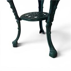 Painted cast iron garden table, the circular pierced top with foliate decoration and egg-and-dart rim, raised on three cloven hoof supports with classical female mask knees, united by pierced undertier, in green-painted finish