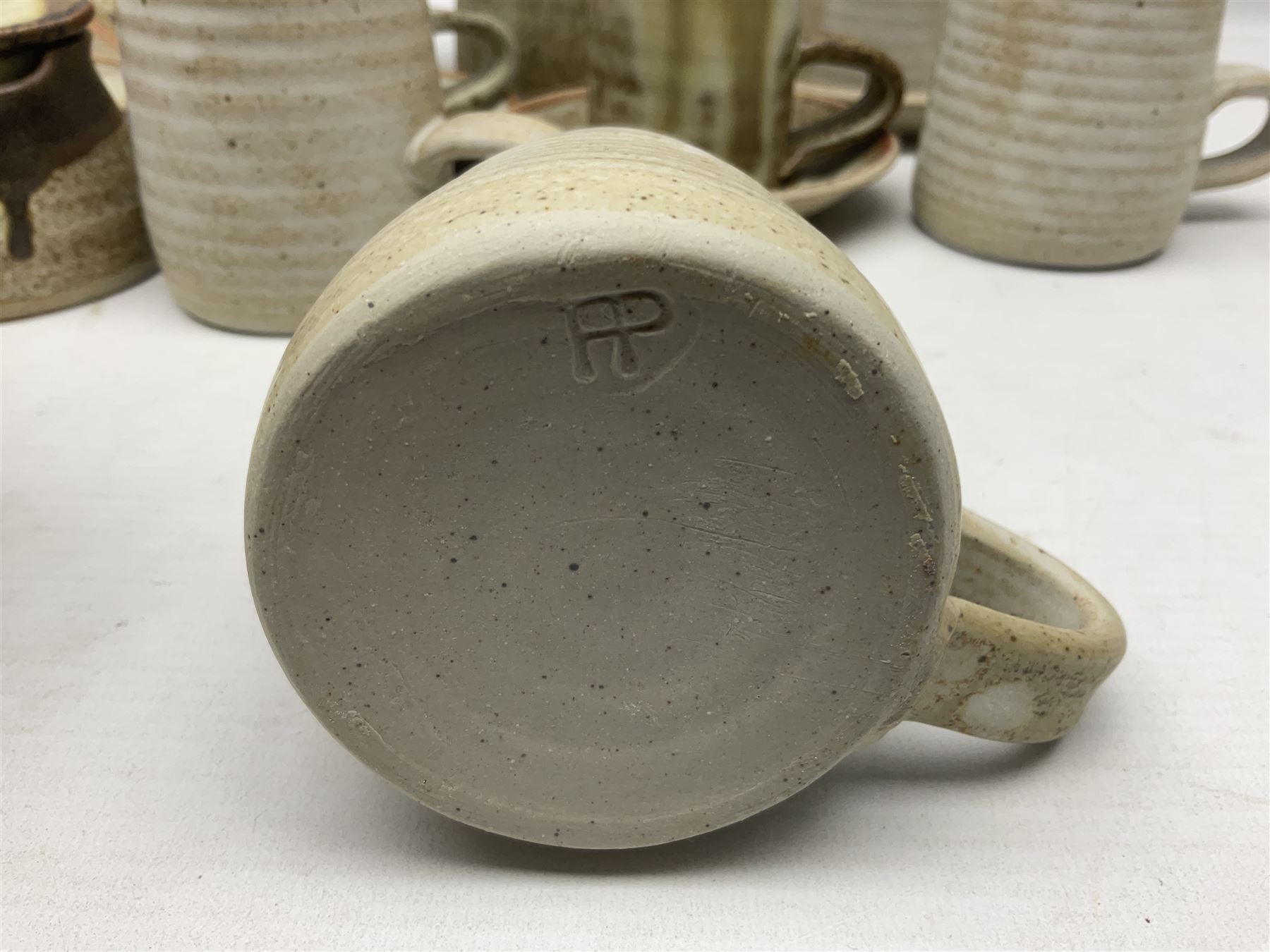 1970s Anchor studio pottery St Ives part coffee service by John Buchanan, all with various impressed anchor, St Ives and other marks, together with similar set of six studio pottery cups with impressed RP monogram
