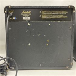 Aria Sinsonido mahogany electric travel guitar, serial no.0502385 L86cm; in original gig bag with earphones and GM11 Minituner; together with Fender Sidekick Reverb 25 amplifier and Marshall MG Series 15DFX amplifier (3)